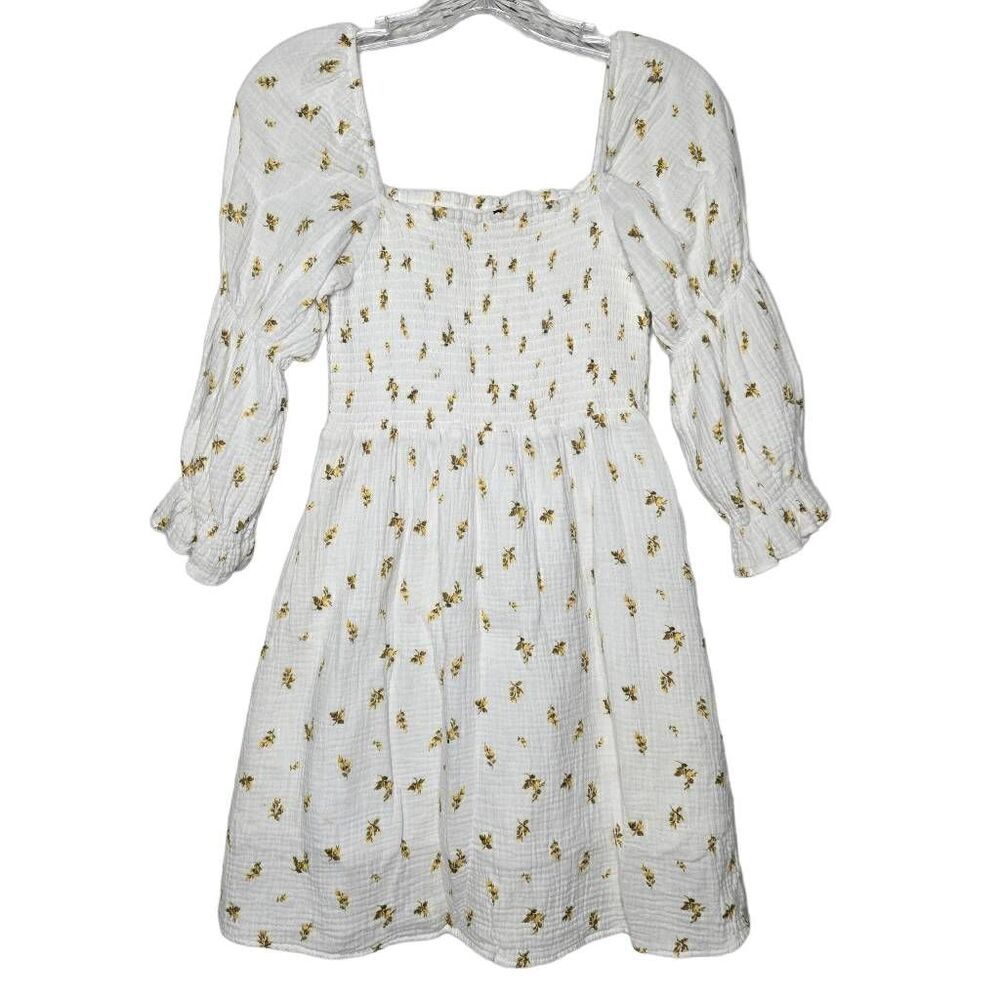 Kourt Cottagecore Floral Square Neck Smocked White Mini Dress Size Medium